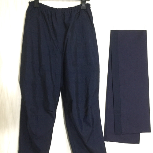 濃紺紬ジョガーパンツ＋ストール＊裏地付き＊着物リメイク ロング