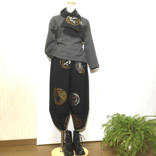 花紋サルエルパンツ＋ストール＊裏地付き＊着物リメイク キュロット
