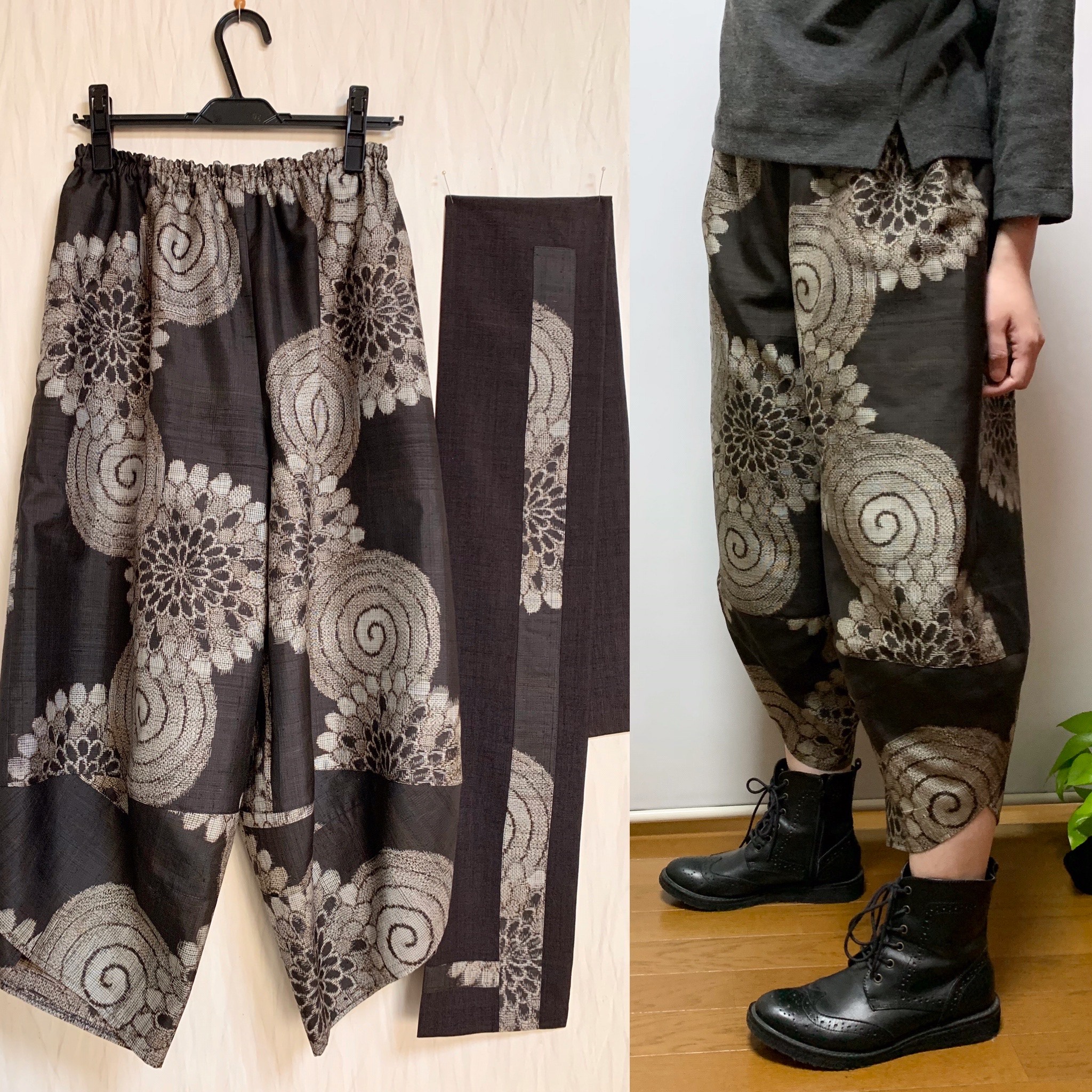 【まめ様】サルエルパンツ（2点）✿総丈90㎝✿黒留袖✿和モダン（着物リメイク）