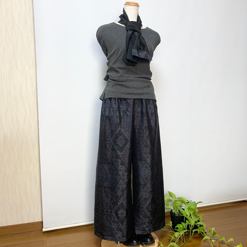 大島紬*ワイドパンツ+ストール*裏地付き*着物リメイク 大島紬*ワイドパンツ+ストール*裏地付き*着物リメイク