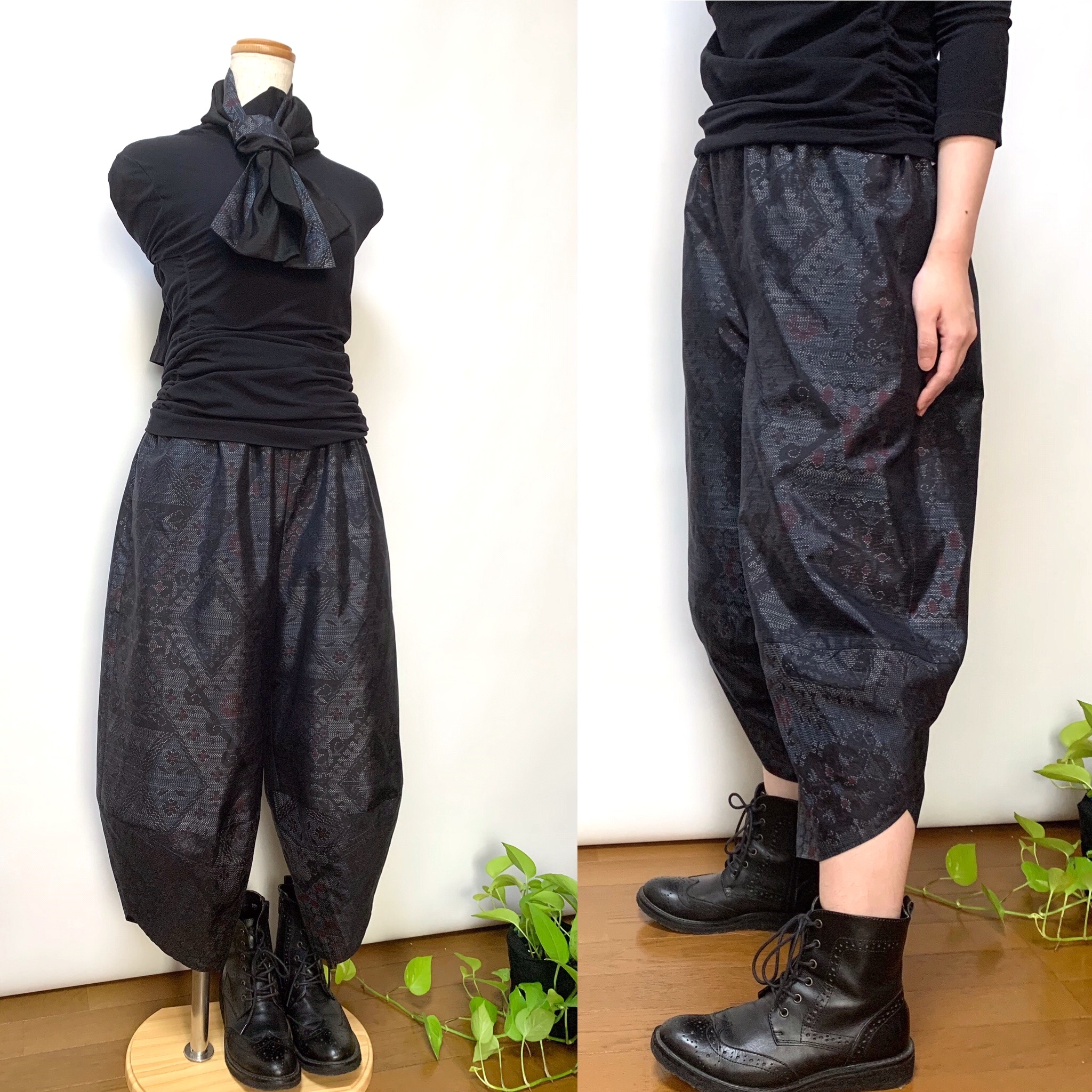 216　手染め大輔　着物リメイク　紬　トップスとサルエルパンツ　フリーサイズ 大島紬サルエルパンツ＋ストール＊裏地付き＊着物リメイク