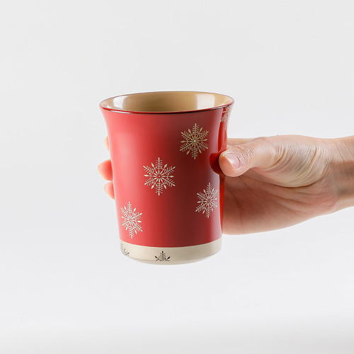 伝統工芸 輪島塗 マグカップ(反形) 「スノークリスタル蒔絵～朱内白塗