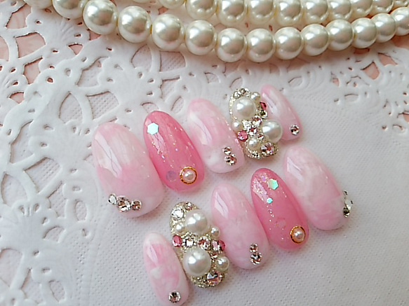 pink marble♡スワロフスキージェルnail☆ 2枚目の画像