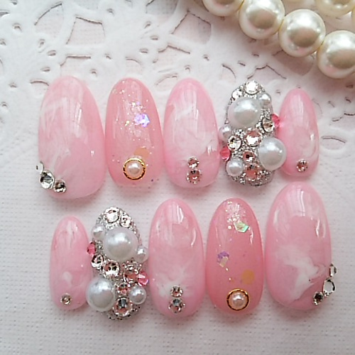 pink marble♡スワロフスキージェルnail ネイルチップ（つけ爪） Sora  