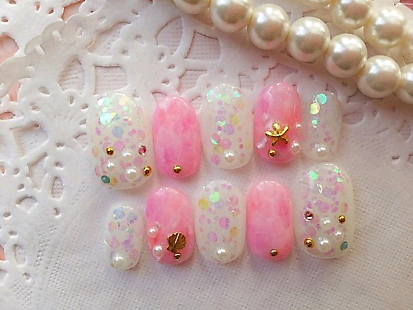 マーメイドpink♡shell&star fish☆ジェルnail 1枚目の画像