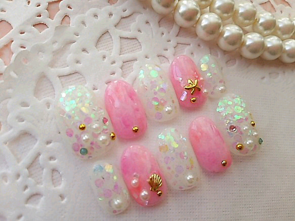 マーメイドpink♡shell&star fish☆ジェルnail 2枚目の画像