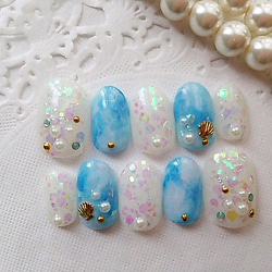 マーメイドblue♡shell♡スワロフスキージェルnail 1枚目の画像