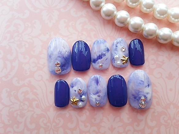 ラピスラズリmarble♡star fish♡ジェルnail 1枚目の画像