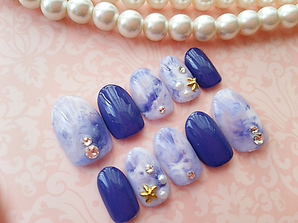 ラピスラズリmarble♡star fish♡ジェルnail 2枚目の画像