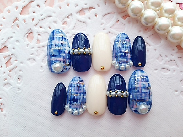 ツイードネイビー♡ジェルネイル ネイルチップ（つけ爪） Sora 通販