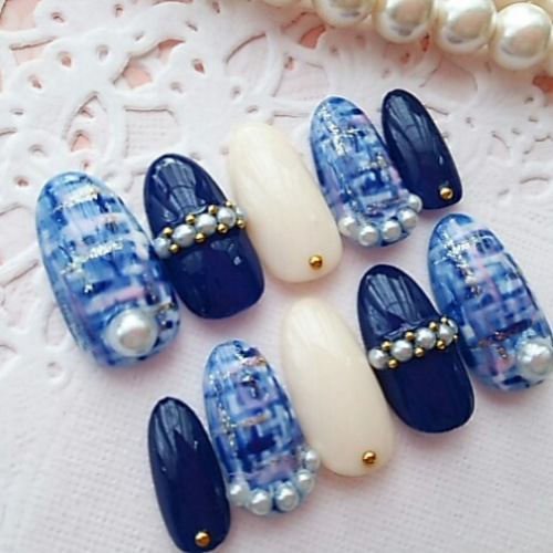 ツイードネイビー♡ジェルネイル ネイルチップ（つけ爪） Sora 通販