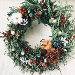 クリスマスハーフリース（レッド）アイアンベル付 ドライフラワー