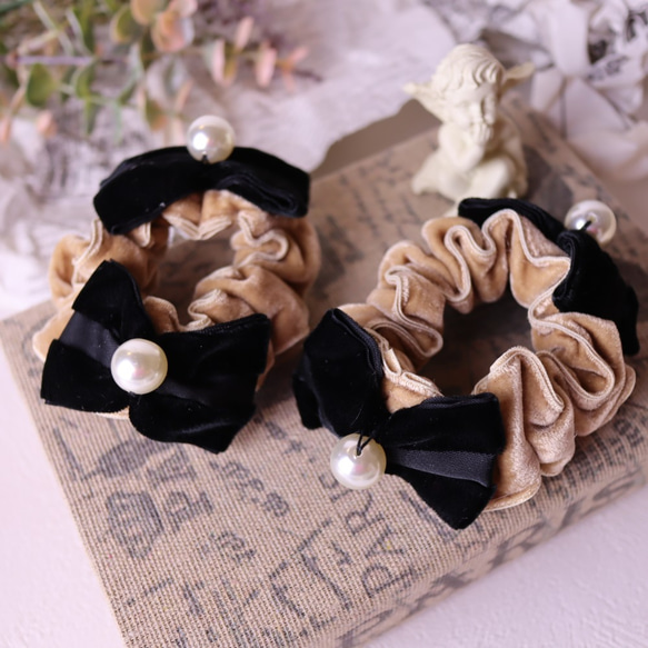 子供用シュシュ ツインブラックリボン お団子ネット付き 子供ヘア