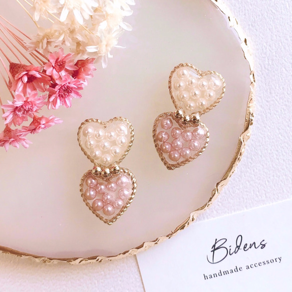 キュート♡ 二つのハートが可愛いレジンピアス/イヤリング No.7 ピアス  