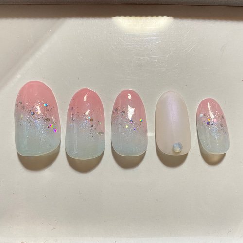 ネイルチップ12枚SET】ピンク&ブルーグラデーションネイル ネイル