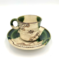 古典柄　織部珈琲碗皿 2枚目の画像