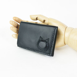[コンパクト]本革三つ折り財布(黒)　猫 1枚目の画像