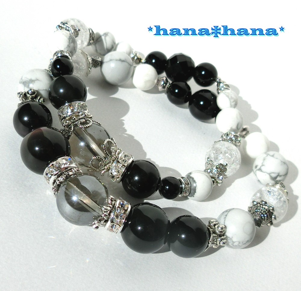 メンズ＆レディース‡**モノトーン**‡天然石ペアブレスレット★2本セット★1193