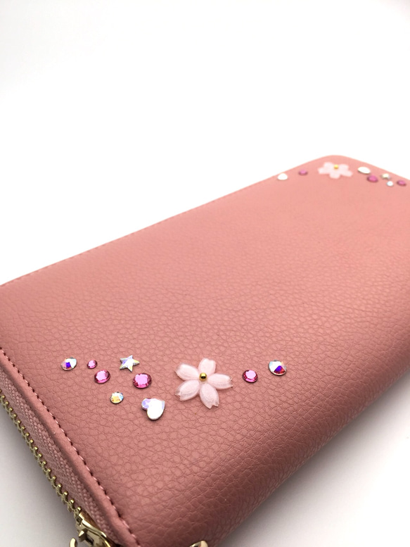 ☆HopeStaR☆さくらピンクの春財布♡スマホも入る♬スワロデコ&本革仕立て 1枚目の画像