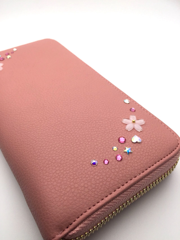 ☆HopeStaR☆さくらピンクの春財布♡スマホも入る♬スワロデコ&本革仕立て 2枚目の画像