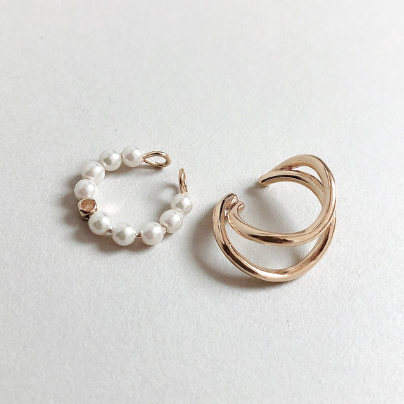♢ .. [Set of 2] Silky Pearl &amp; Simple Double Gold Ear Cuff .. 第2張的照片