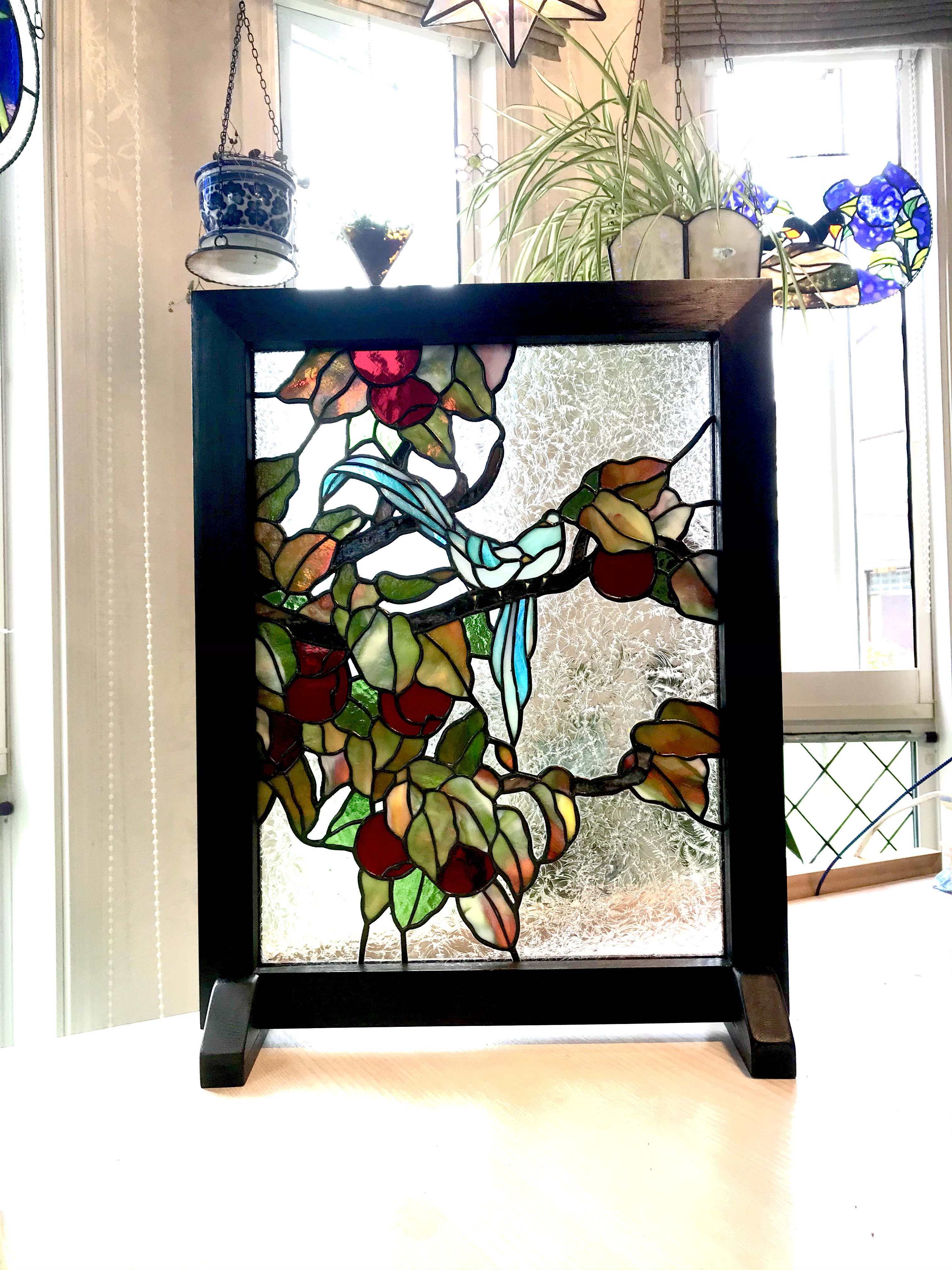 ステンドグラスりんごと鳥のパネル その他インテリア雑貨 ステンド