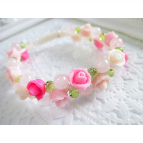 薔薇モチーフ デザインブレス 薔薇と天然石のローズガーデン編み込み