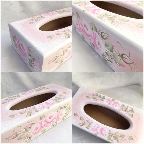 トールペイント☆受注制作ピンクの薔薇とエンボス加工のティッシュ