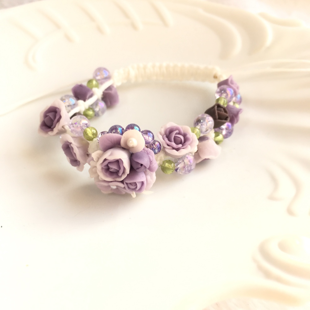 薔薇ブーケと天然石のローズガーデン編み込みブレス
