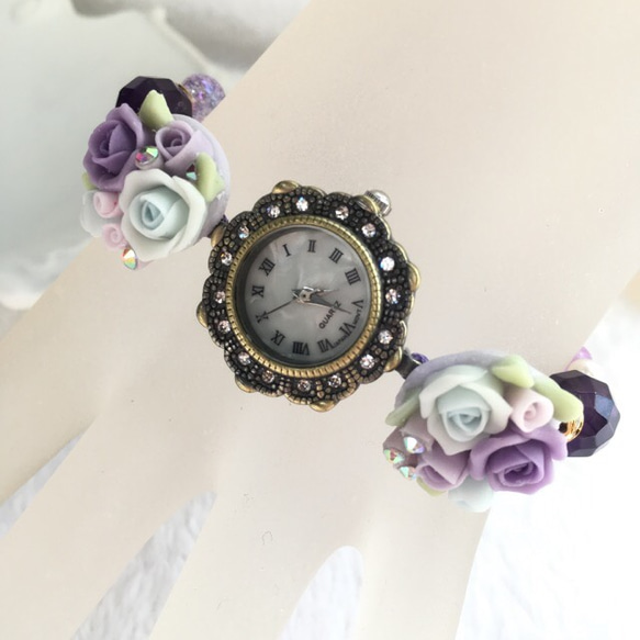 玫瑰花束和天然石材編織手錶☆古董風格 第3張的照片