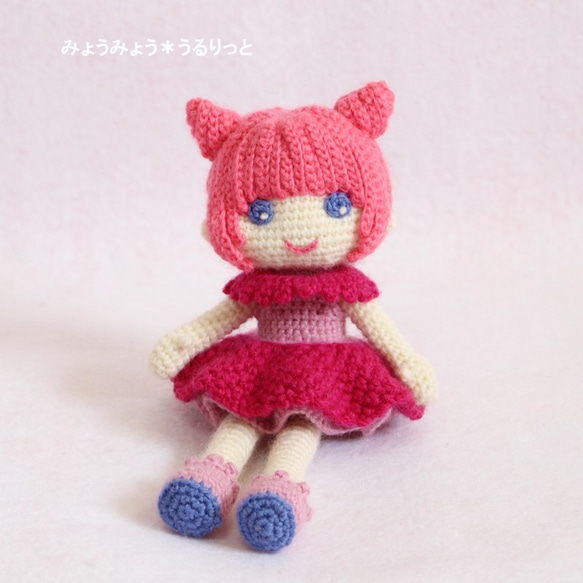 着せ替えリバーシブルフリフリワンピのネコミミお団子ちゃん♪♪(ピンク)　(あみぐるみ)(着せ替え人形) 2枚目の画像