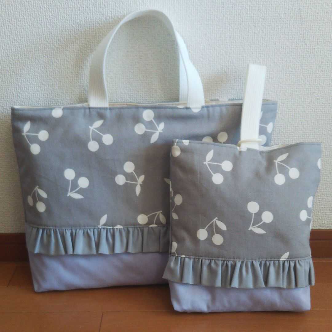 レッスンバッグ.体操服入れ.上靴袋3点セット♡さくらんぼ柄キルティング下フリル 3点セット】フリルのキルティング○レッスンバッグ○シューズ