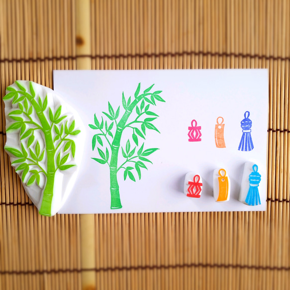 天まで届きそうな笹の葉（竹）のはんこセット（7月七夕の消しゴムはんこ） 3枚目の画像