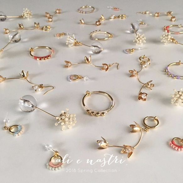 [2018春季新品]法國繡花線的珠子編織佩蒂特圈耳環/紅珊瑚X PINK 第5張的照片