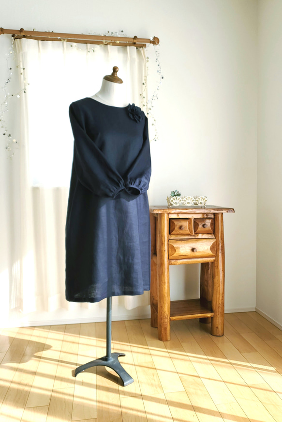 リネン＊ナチュラルフォーマルワンピース♪濃紺＊コサージュ付き