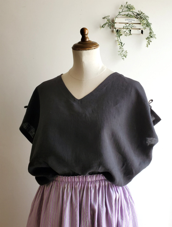 ＊くったりリネン＊Vネック＊フレンチドルマンブラウス♪黒 4枚目の画像