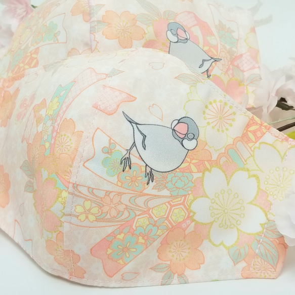 サクラ咲く！しわになりにくく、洗濯機OKの桜文鳥マスク(桜色) 3枚目の画像