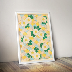 花柄とチェック日本画アートポスター☆和柄和モダンパステルカラー
