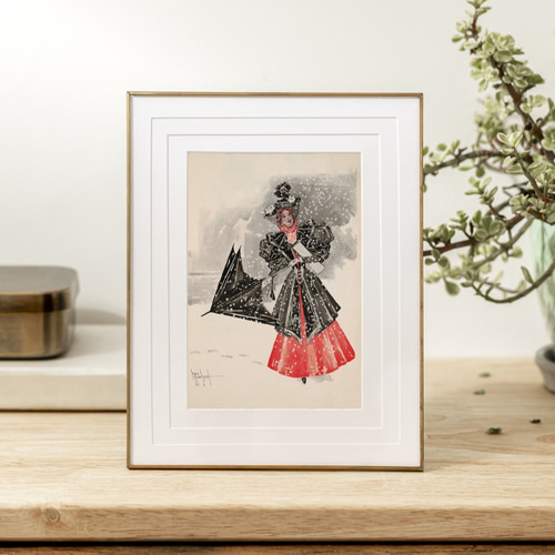 NO.55】雪の中で傘をさす女性クリスマスアートポスター☆ヴィンテージ