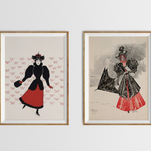 NO.55】雪の中で傘をさす女性クリスマスアートポスター☆ヴィンテージ