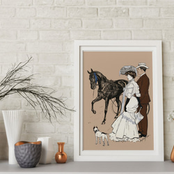 【NO.70】黒馬を見つめるフレンチブルドッグとヴィンテージファッションの男女☆アニマルクラシックアートポスター 1枚目の画像