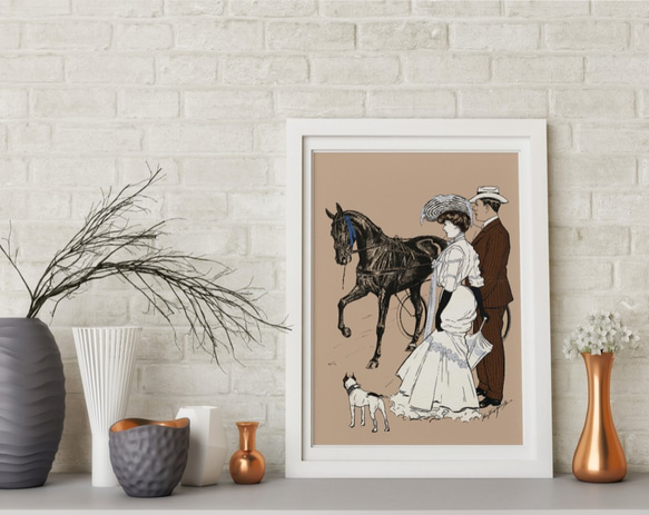 【NO.70】黒馬を見つめるフレンチブルドッグとヴィンテージファッションの男女☆アニマルクラシックアートポスター 1枚目の画像