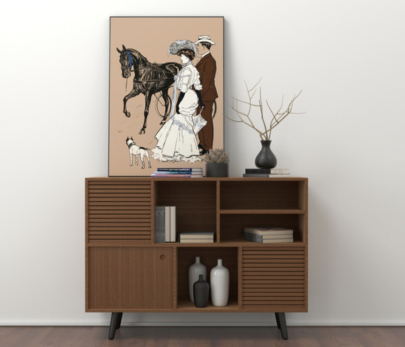 【NO.70】黒馬を見つめるフレンチブルドッグとヴィンテージファッションの男女☆アニマルクラシックアートポスター 6枚目の画像
