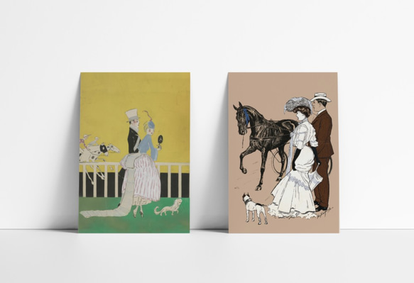 【NO.70】黒馬を見つめるフレンチブルドッグとヴィンテージファッションの男女☆アニマルクラシックアートポスター 7枚目の画像