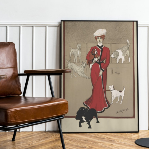 NO.142】犬たちと散歩する女性アートポスター☆ヴィンテージ赤い