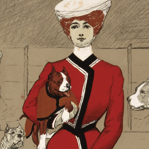 NO.142】犬たちと散歩する女性アートポスター☆ヴィンテージ赤い