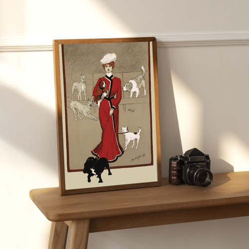 NO.142】犬たちと散歩する女性アートポスター☆ヴィンテージ赤い