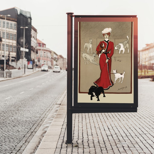NO.142】犬たちと散歩する女性アートポスター☆ヴィンテージ赤い