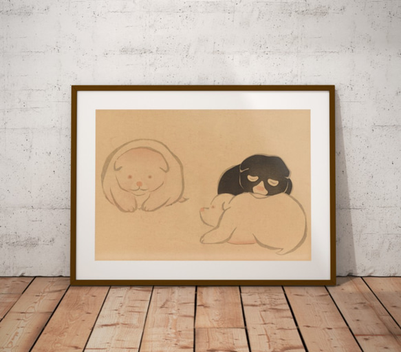 絵画　水墨画　インテリア　和風　アート　原画　墨　旅館　モダン 浮世絵 日本画 NO.186】子犬の水墨画アートポスター☆浮世絵日本画和室インテリア和