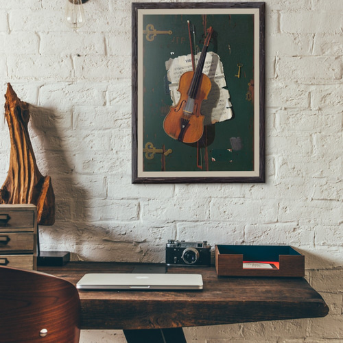 NO.204】ヴァイオリンの絵画アートポスター鍵楽譜楽器ヴィンテージ